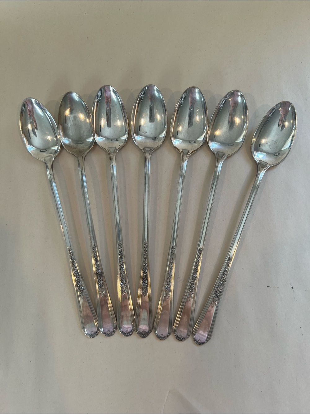 7 PLYMOUTH JEWEL ICED TEA SPOONS SILVERPLATE SILVERWARE FLATWARE Vintage